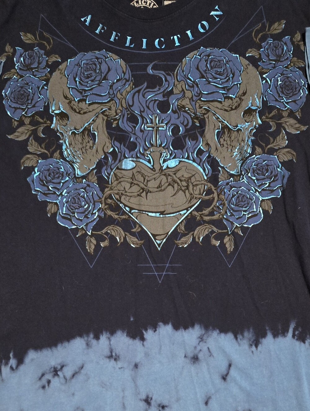 Affliction Black Label Tee with Blue Rose & Skull Heart Graphic